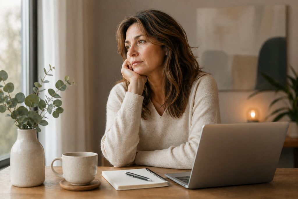 Mujer de aproximadamente 40 años sentada en un espacio tranquilo y cálido, mirando por la ventana con expresión reflexiva, con una taza de café, un cuaderno y una laptop sobre la mesa, transmitiendo calma, introspección y ligera fatiga. Cansancio despues de los 40