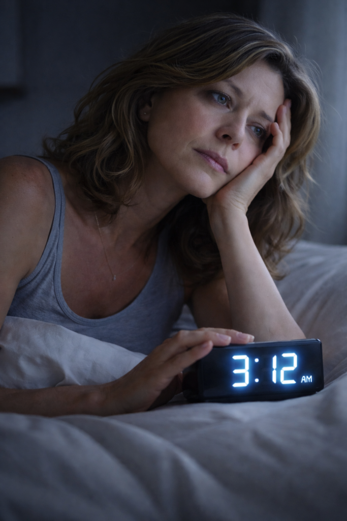 Mujer despierta en la madrugada con insomnio, representando despertares a las 2-3 am en la menopausia